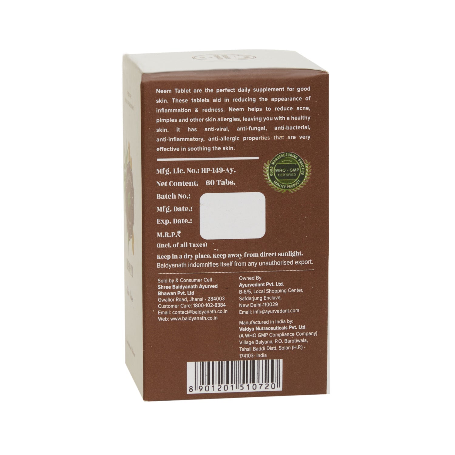 Baidyanath Jhansi Ayurvedant Neem Tablets - 60 Tabs